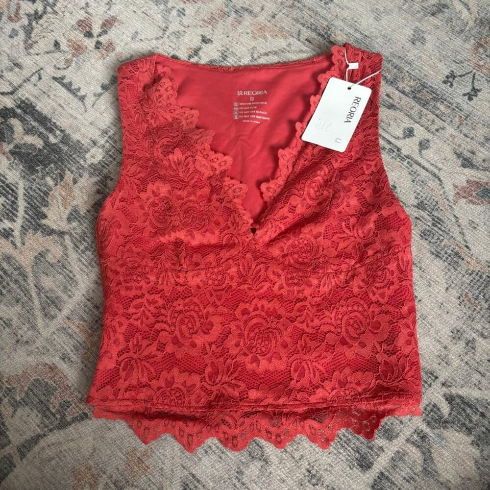 NWT Reoria Lace Tank Top - Coral Red - Size Small Coquette Festival